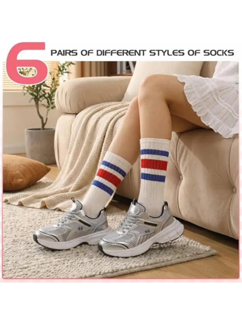 6 Pair Retro Striped Athletic Crew Socks for Men Women